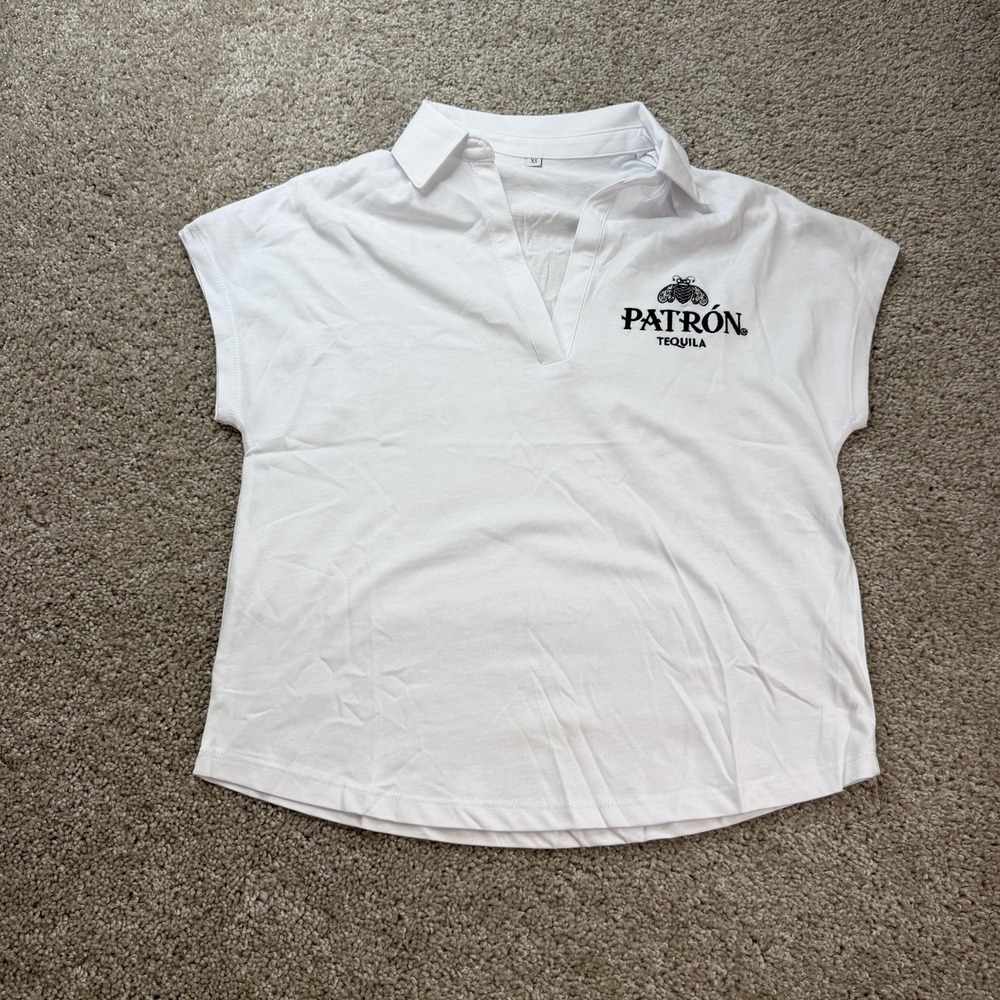 Patron Polo Shirt Womens XS White Tequila Logo Embroidered Top Cap Sleeve